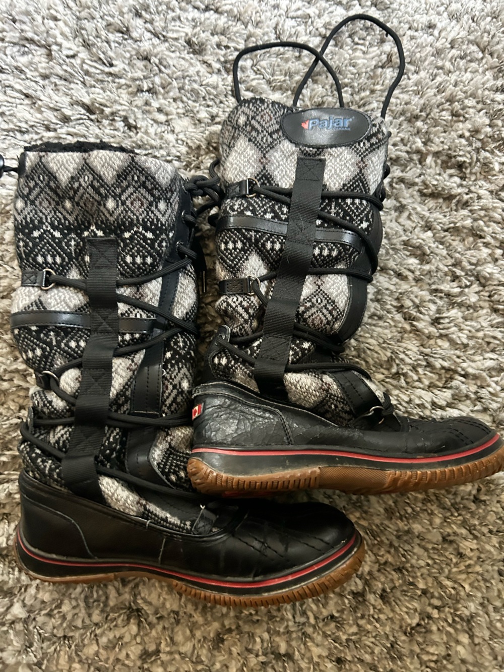 Pajar Black and Gray Knit-Pattern Winter Lace-Up Boots